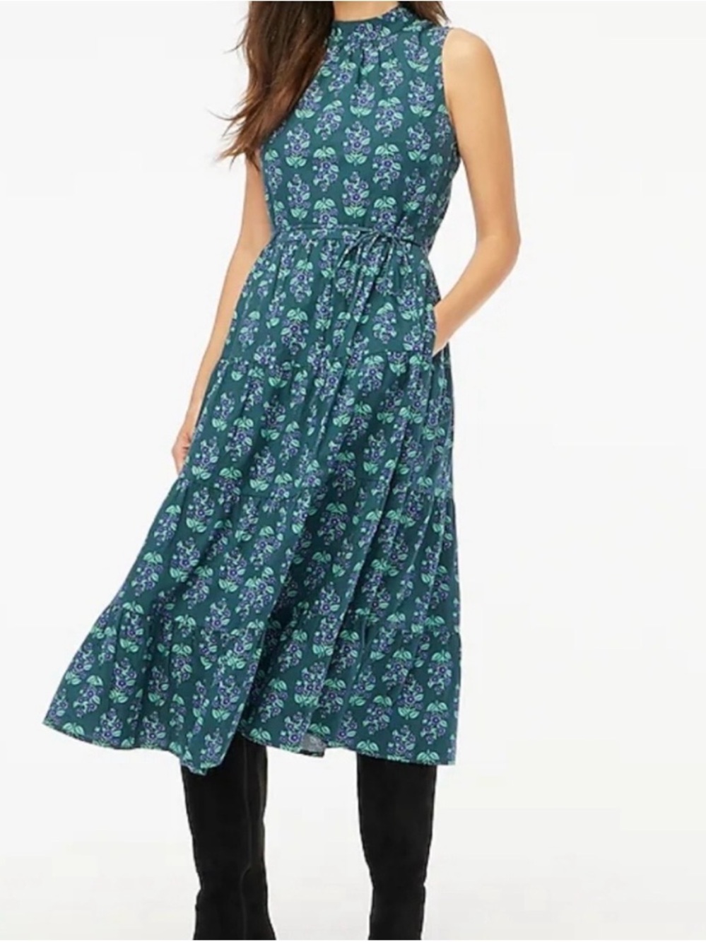 J. Crew Green and Purple Printed Floral Tiered Midi Dress. Size 14.